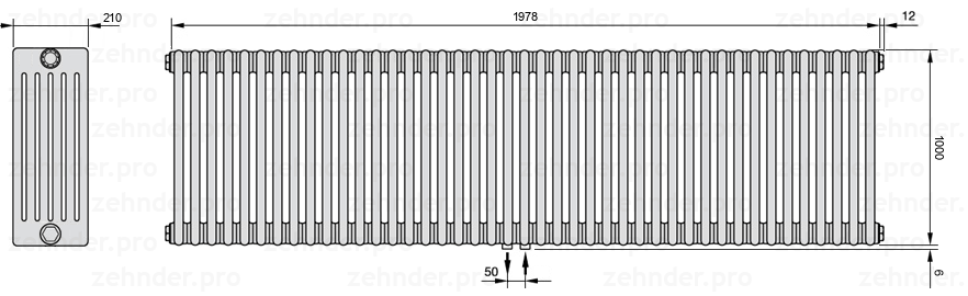 Схема (чертеж) Радиатор Zehnder Charleston 6100/43 №5410 Белый глянцевый RAL 9016